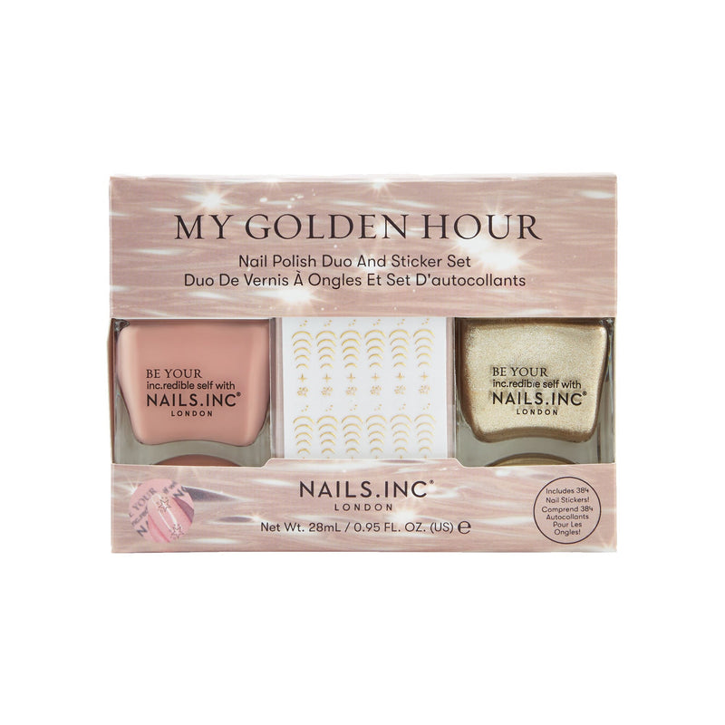 Nails Inc My Golden Hour Nail Polish Duo, Pink Nude and Gold Shimmer, Star Stickers, 2 Piece