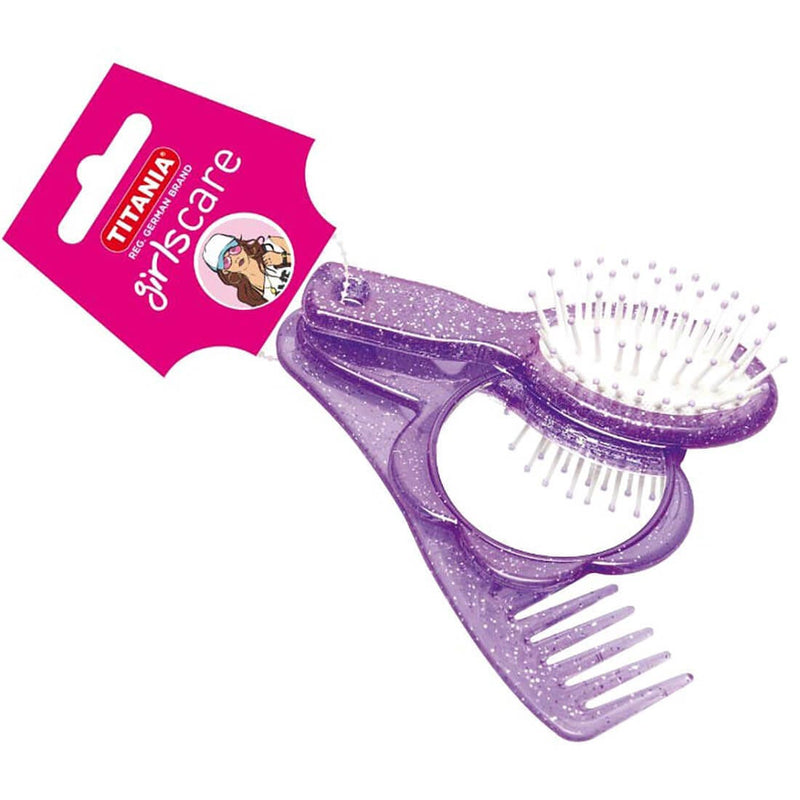 Titania Hairbrush Comb and Mirror Set Pink Purple Glitter 3-Piece
