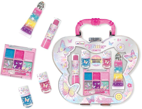 Hot Focus Glitter Butterfly Makeup Set, Kids Cosmetic Kit, Multicolor, 2 Nail Polishes, Lip Gloss, Lipstick, Eyeshadow Palette
