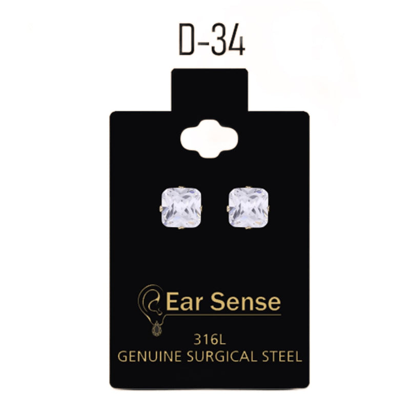 Ear Sense Surgical Earrings Square Clear Stone 7 x 7 mm D34