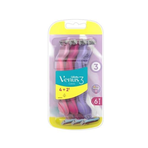 Gillette Venus 3 Colors Plus Women's Razor, 3-Blade Flexible Head, Ergonomic Handle, 4+2 Pack