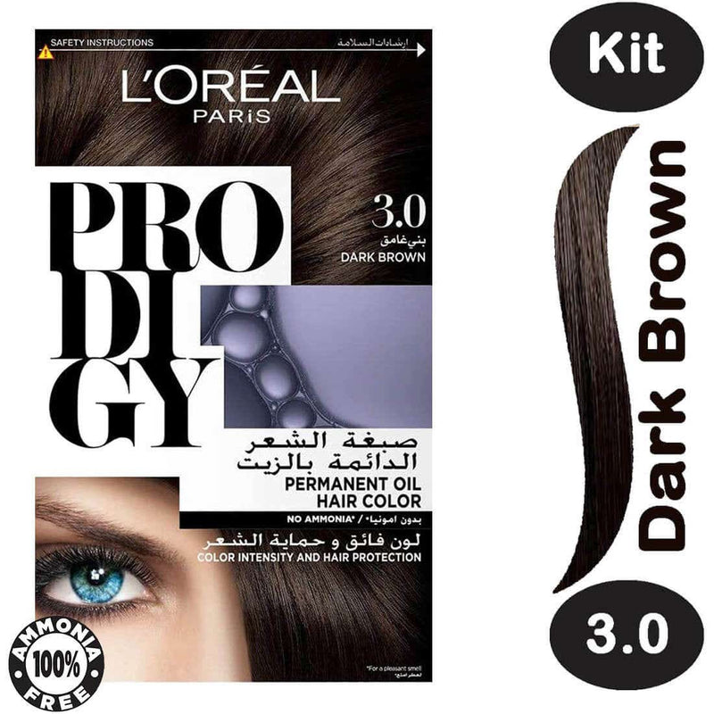 L'Oreal Paris Prodigy Permanent Hair Color Cream, Ammonia-Free Micro-Oil, Dark Brown 3.0