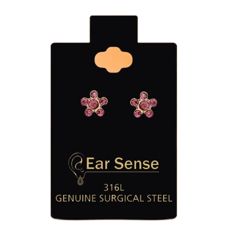 Ear Sense Rose Fuchsia D48 Flower-Shaped Earrings 316L Surgical Steel Pink Stones