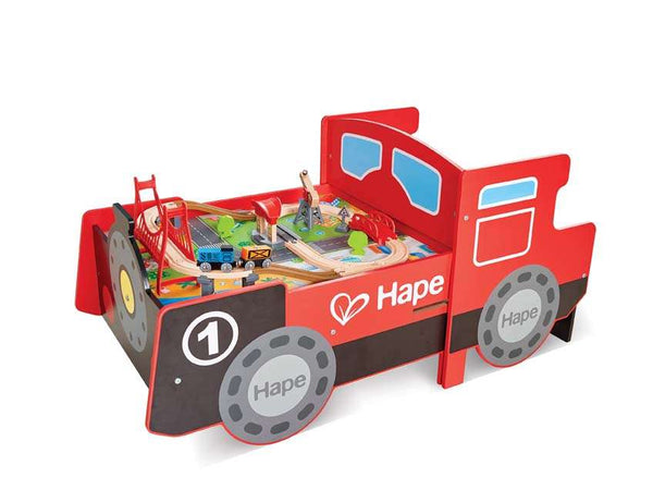 Hape Ride-On Engine Table Wooden Train Playset with Train Sounds and Accessories