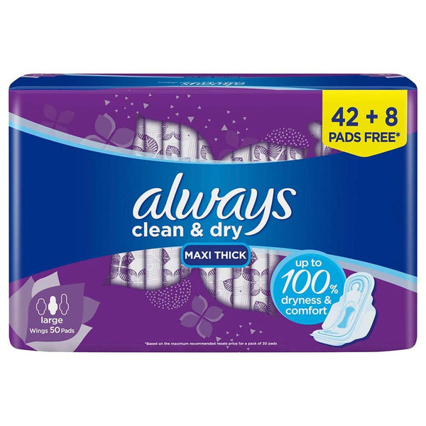 Always Maxi Thick Large Sanitary Pads with Wings, Aloe Vera, 50 Pieces