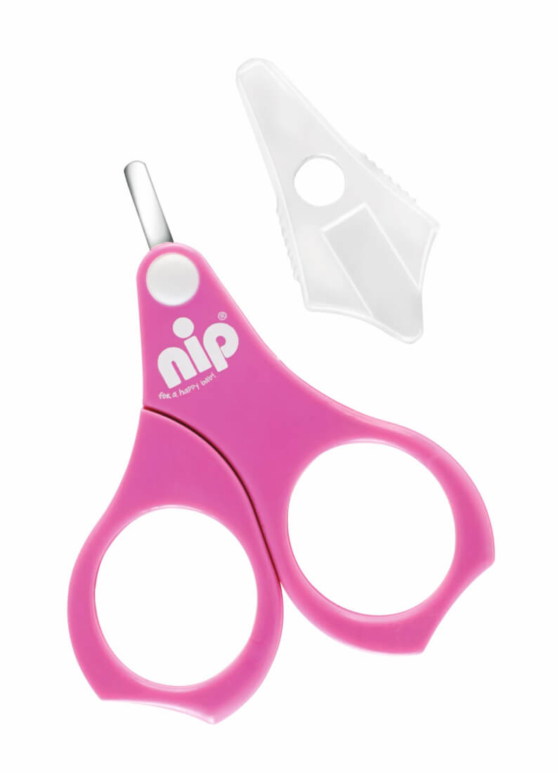 nip Baby Nail Scissors with Protective Safety Cover, Short Rounded Stainless Steel Blades, Pink