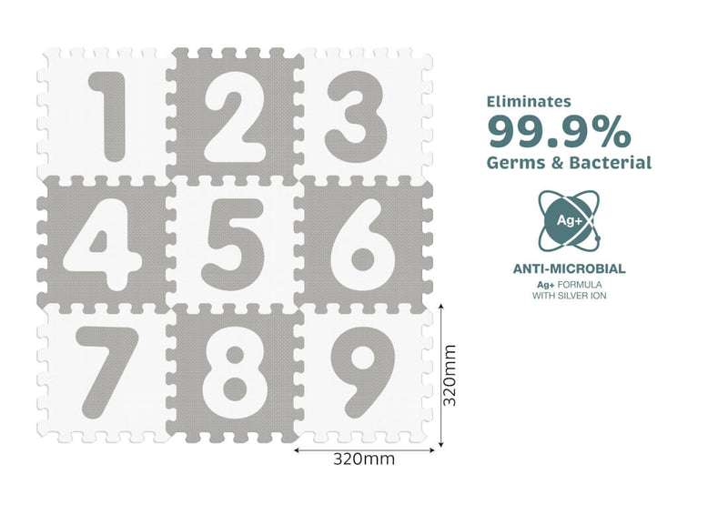 Sunta Numbering Puzzle Play Mat, Interlocking EVA Foam, Silver Ion Formula, Grey, 9 Pieces