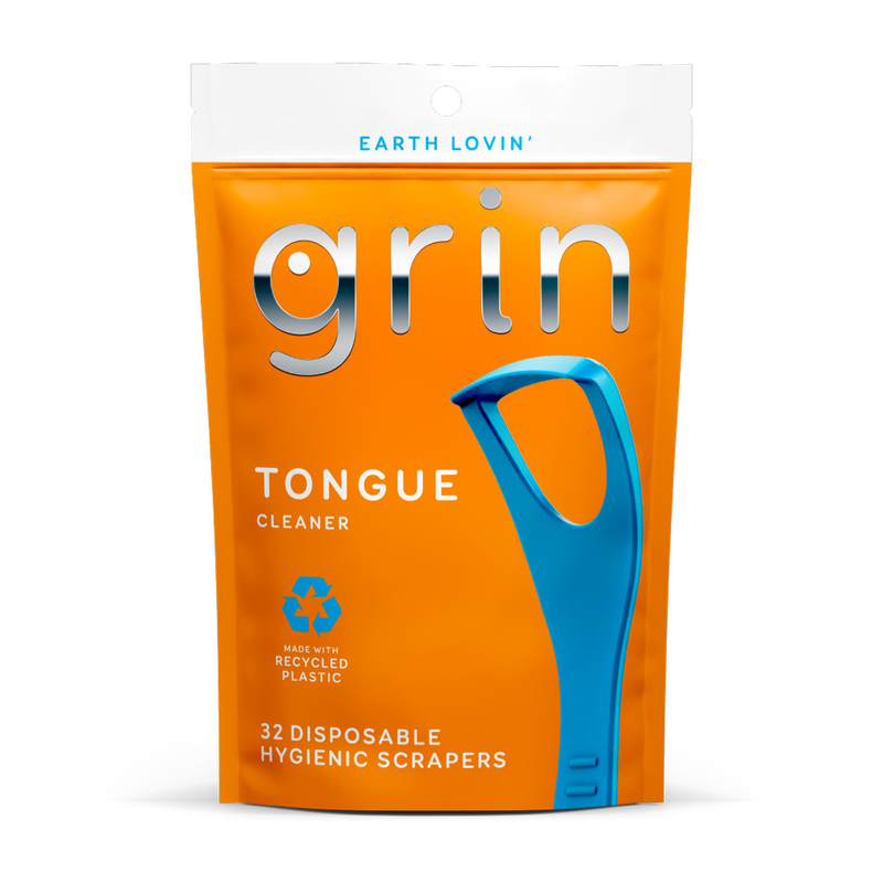 Grin Disposable Tongue Cleaners with Folding Toothpick, Recycled Plastic, 32 Pieces