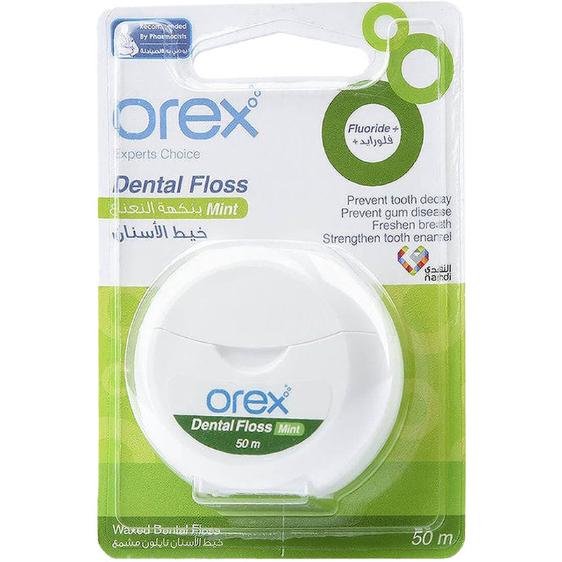 Orex Waxed Dental Floss with Fluoride, Stiffened End, 50 m