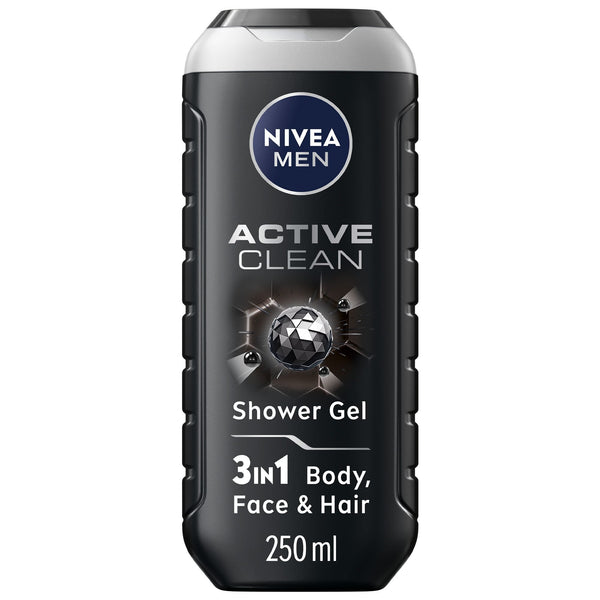 NIVEA Men Active Clean Charcoal Shower Gel 3-in-1 Face Body Hair 250 ml