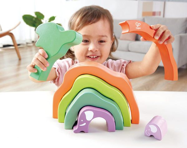 Hape Safari Elephant Wooden Stacking Blocks, Montessori Toy for Children 24+ Months