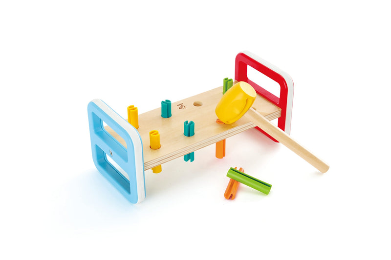 Hape Rainbow Pounder Wooden Pounding Bench with Hammer, Color and Counting Toy