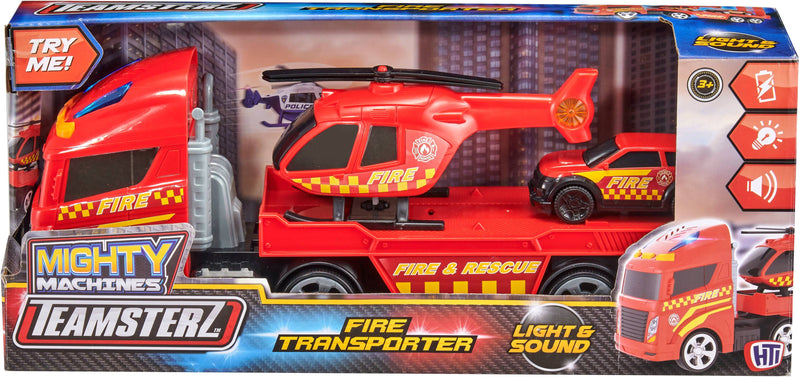 Teamsterz Mighty Machines Fire Helicopter Toy Set with Lights and Sounds, 3 Vehicles