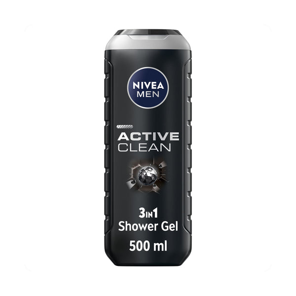 NIVEA Active Clean Shower Gel 3-in-1 Charcoal Body Face Hair Cleanser 500 ml