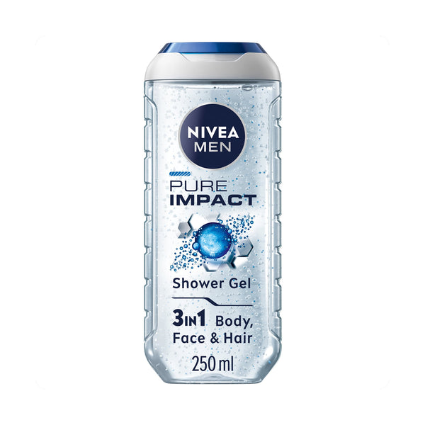 NIVEA Men Pure Impact Shower Gel 3-in-1 Purifying Beads and Fine Scrub Particles