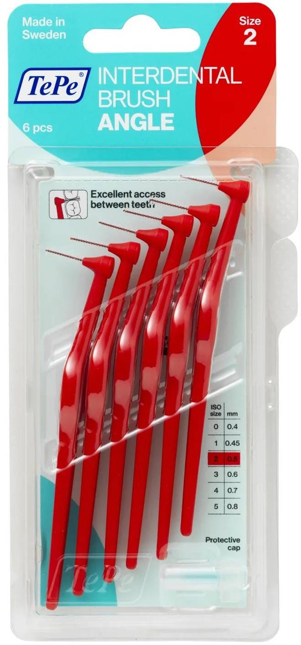 TePe Angled Interdental Brushes 0.5 mm Red, Plastic-Coated Wire, 6 Pieces