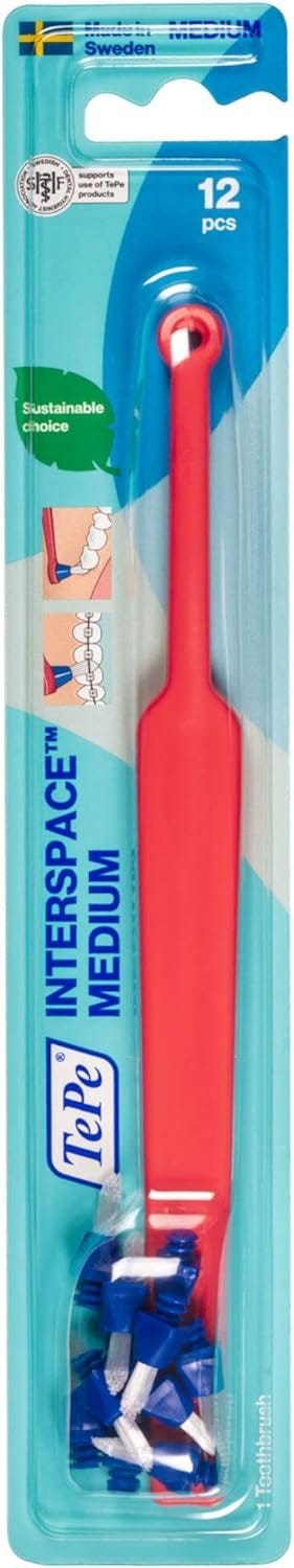 TePe Interspace Medium Single-Tuft Toothbrush with 12 Brush Heads, Blue