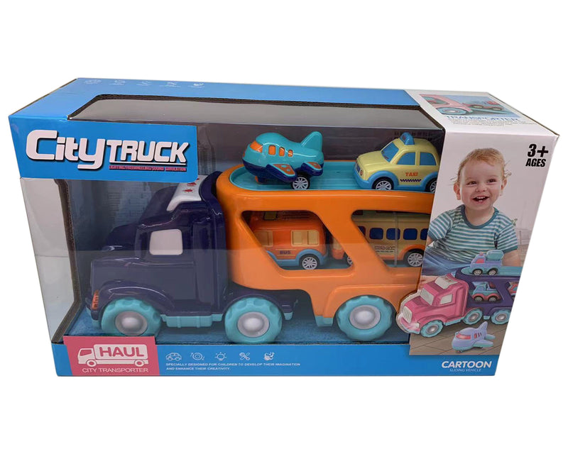 Xin Peng Yu PC66-03 City Truck Transporter with Light and Sound, 4 Pull-Back Vehicles