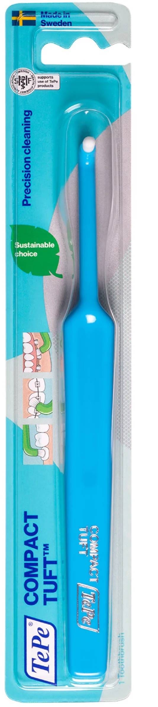 TePe Compact Tuft Single-Tuft Toothbrush Firm Dome-Shaped Bristles for Tight Spaces, 1 Piece