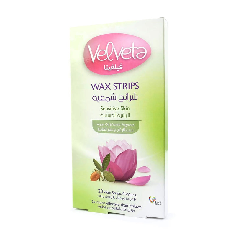 Velveta Body Wax Strips for Sensitive Skin, Argan Oil and Vanilla, 20 Strips