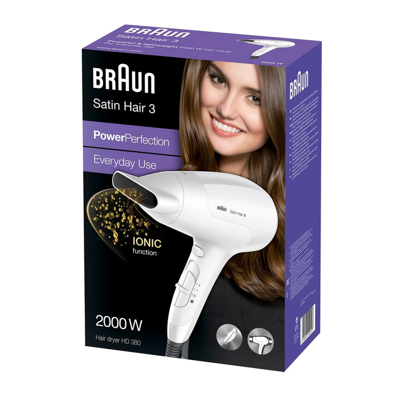 Braun Satin Hair 3 HD380 Ionic Hair Dryer 2000W Lightweight with Styling Nozzle