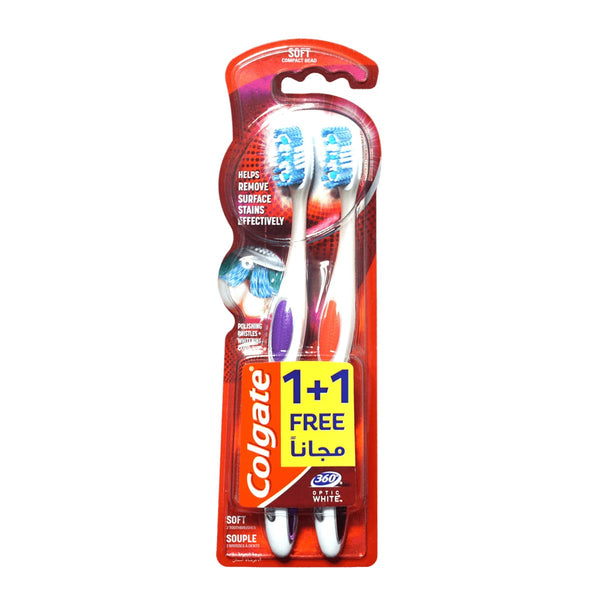 Colgate 360 Optic White Soft Toothbrush, Spiral Polishing Bristles, Tongue Cleaner, 2 Pack