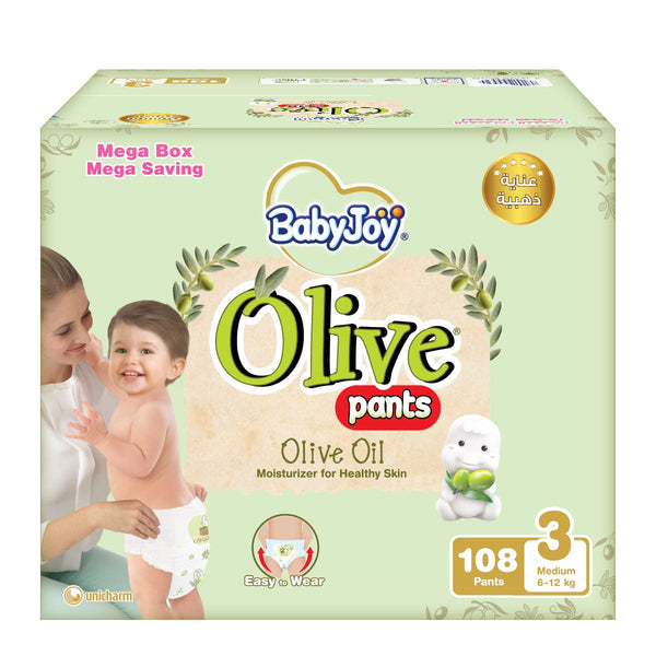BabyJoy Olive Pants Medium Size 3 Pull-Up Diapers with Olive Oil, 108 Pieces