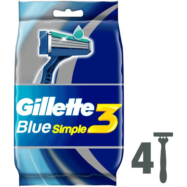 Gillette Blue 3 Simple Disposable Razors 3-Blade Lubrastrip 4 Pieces