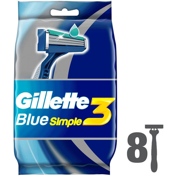 Gillette Blue3 Simple Disposable Razors 3-Blade Lubrastrip 8 Pieces