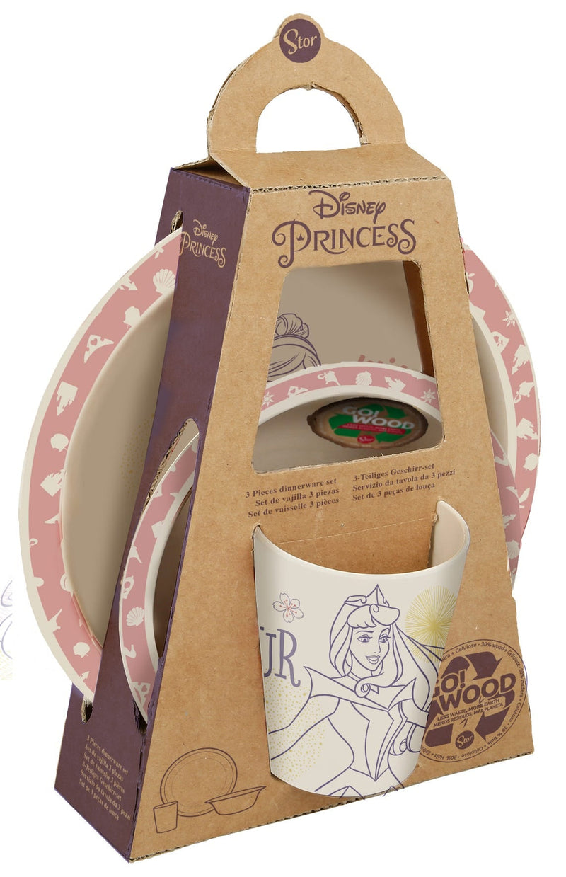 Disney Princess Wood Meal Set, Plate Bowl and Tumbler, 3-Piece BPA-Free Kids Set