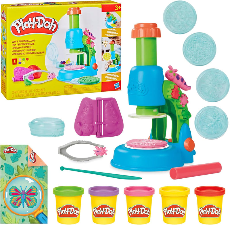Hasbro Play-Doh Light and Look Microscope Toy Kit with Light-Up Scope, 5 Colors and 4 Slides