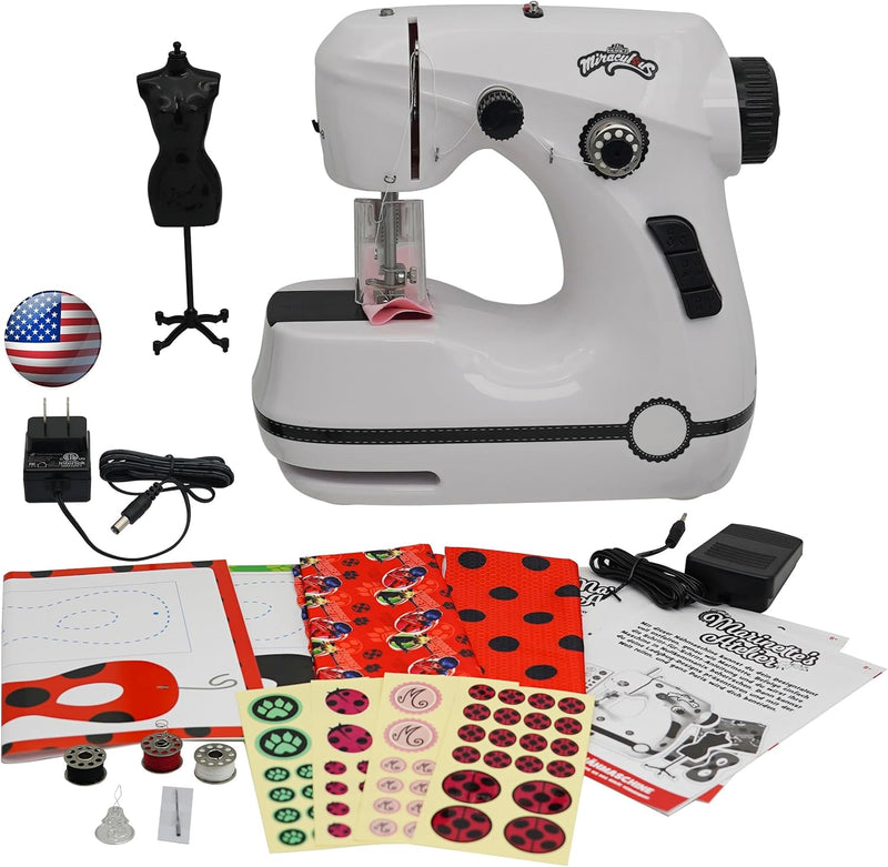 Zag Play Miraculous Ladybug Portable Sewing Machine Kit, Adjustable Speed, Dual Power, Foot Pedal
