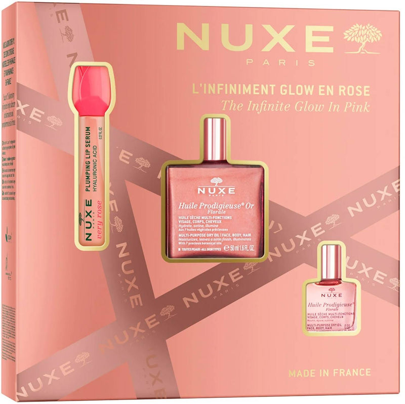 Nuxe The Infinite Glow In Pink Set Floral Face Body Hair Oils and Lip Serum