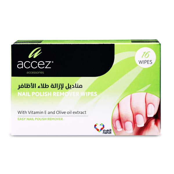 Accez Nail Polish Remover Wipes Acetone-Free Vitamin E Olive Oil 16 Wipes