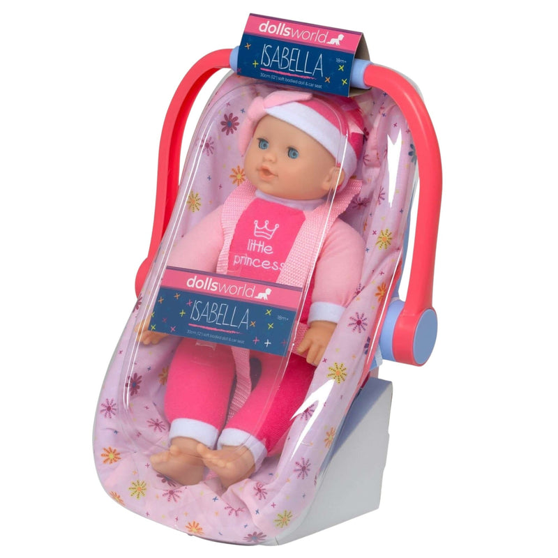 Dolls World Isabella Soft-Bodied Doll With Rocking Baby Car Seat, 30 cm