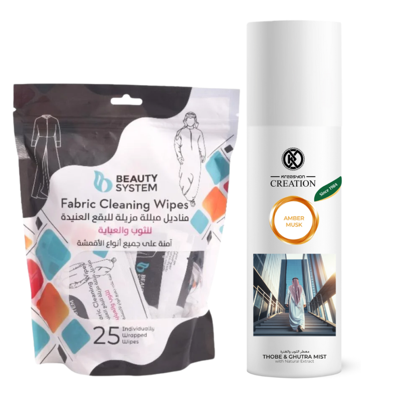 Clothing Perfume and Stain Removal Set Amber Musk Thobe Ghutra 210ml + 25 Wipes