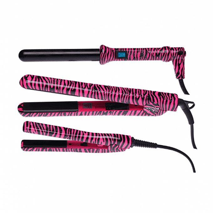 Aria Beauty 19-Piece Hair Styling Set with Ceramic Curling Irons, Hot Pink Zebra