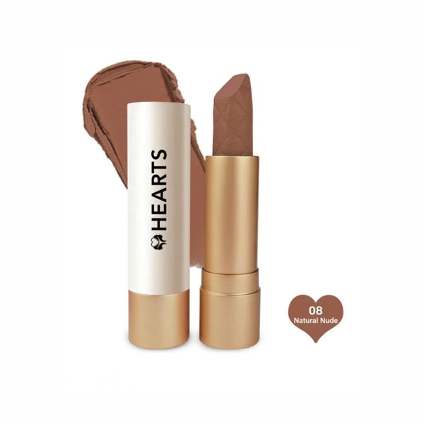 Hearts Creamy Lipstick, Natural Nude 08, Long-Lasting, Satin Matte Metallic