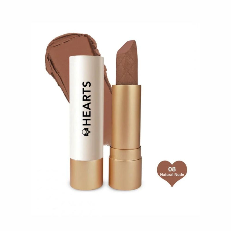 Hearts Creamy Lipstick, Natural Nude 08, Long-Lasting, Satin Matte Metallic