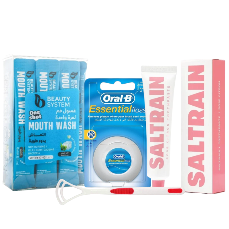 Oral Care Set - Dental Floss, Mouthwash, Toothpaste, Tongue Cleaner