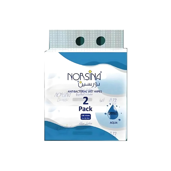 Norsina Antibacterial Wet Wipes with Aqua Formula, 72 Count, 2 Pack