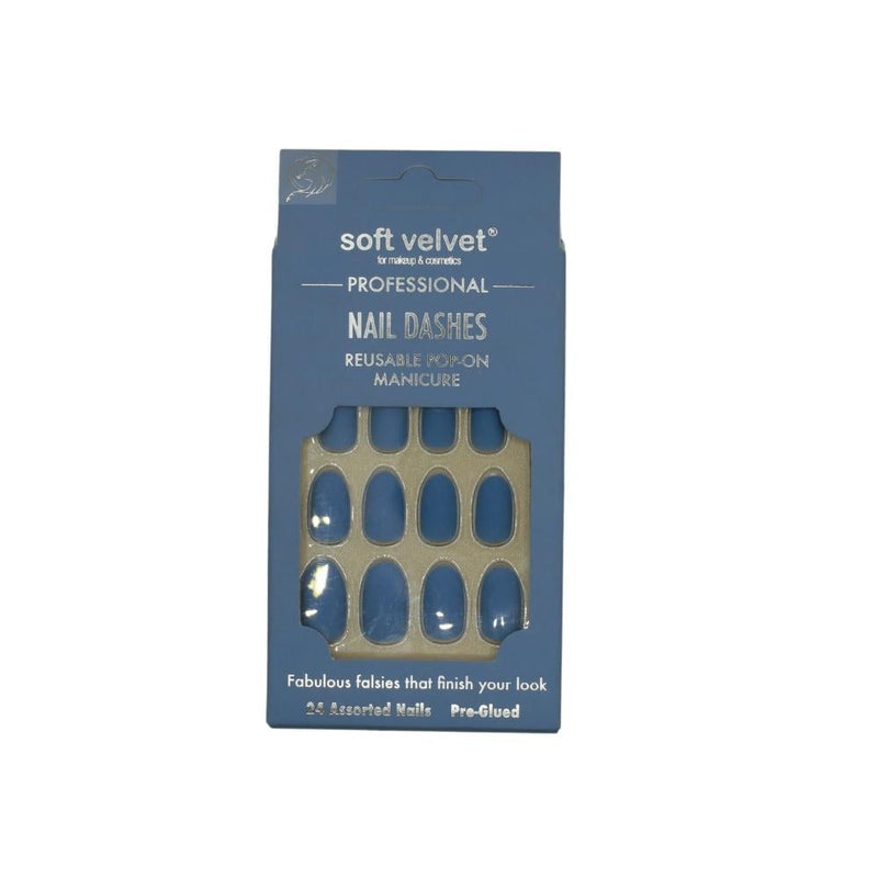 Soft Velvet Artificial Nails, Blue, Oval Shape, 24 Count
