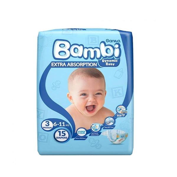Sanita Bambi Baby Diapers, Size 3 Medium, 6-11 kg, 15 Count