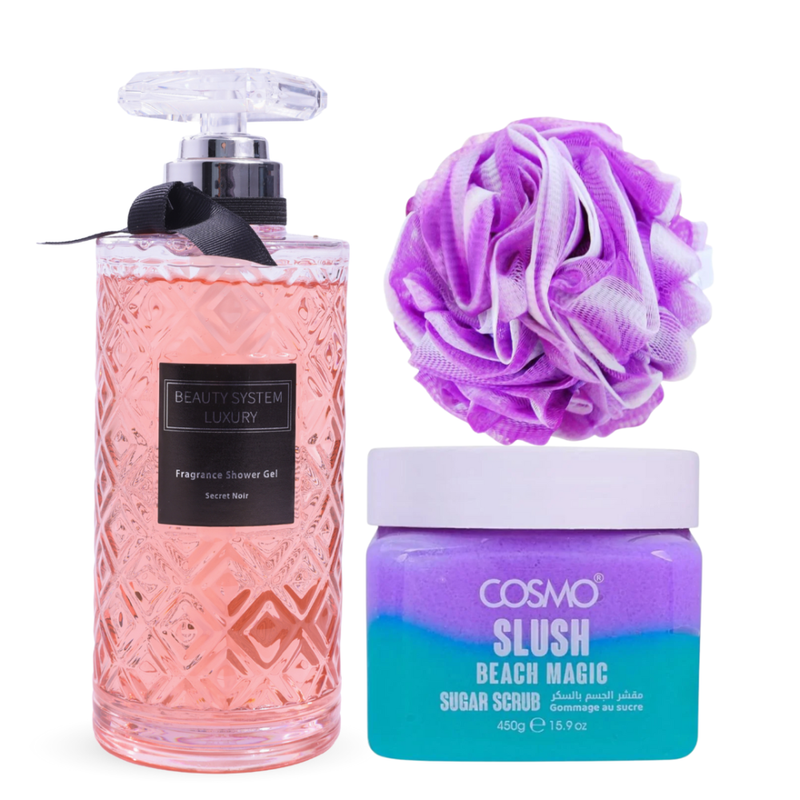 Beauty System's Secret Noir & Cosmo's Beach Magic Bath Set - Shower Gel, Sugar Scrub, Loofah