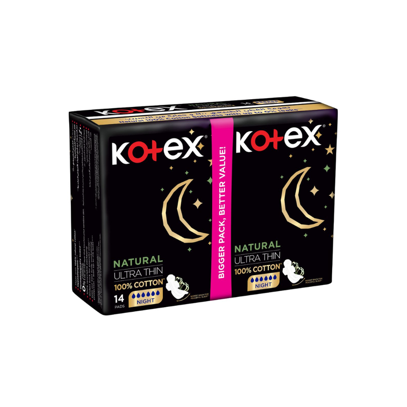 Kotex Natural Night Thin Overnight Pads, 14 Count, Leak-Proof