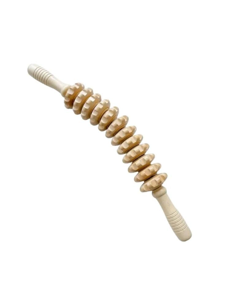 Wooden Massage Stick with 12 Rotating Rings for Muscle Relief
