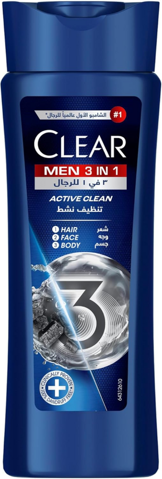 Clear 3 In 1 Shampoo For Men: Active Clean Hair & Body & Face 400ml