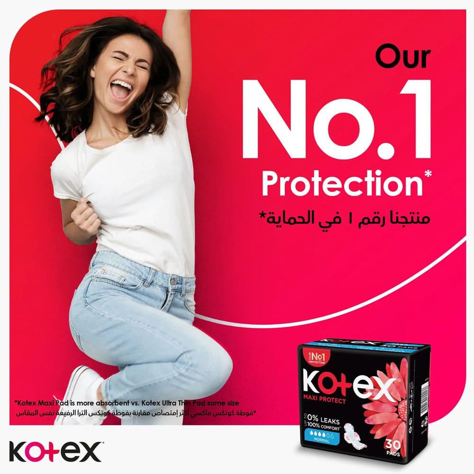 Kotex Maxi Regular Pads for Women High Absorbency, Soft, Comfortable 30 pads