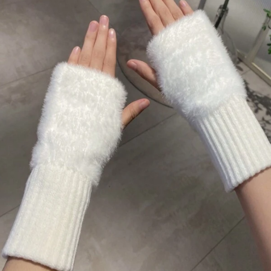 White Fingerless Gloves Fluffy Soft Acrylic Accessory