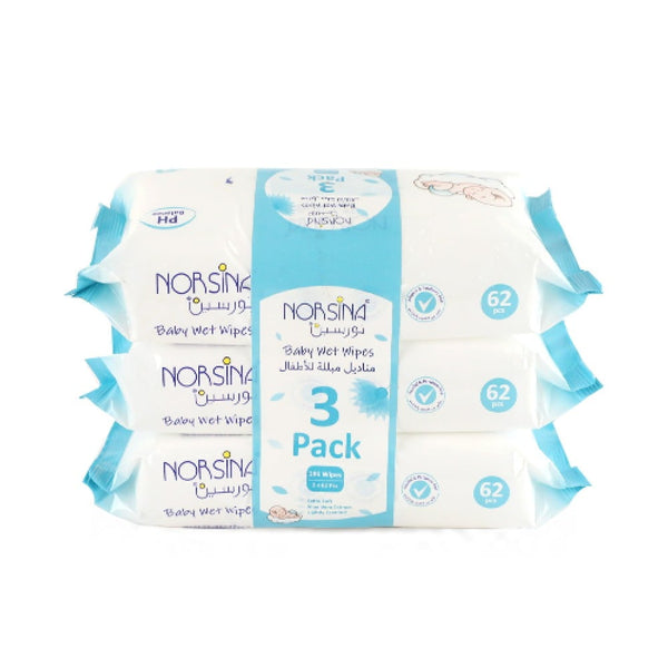 Norsina Hypoallergenic Baby Wipes, pH Balanced, 3 Pack
